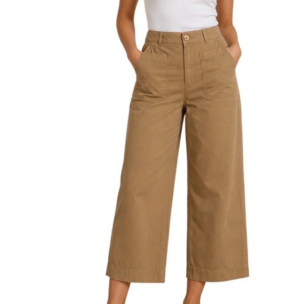 Nicole Miller Wide Leg Crop Pants Women 8 Camel Tan Utility Linen Blend Boho